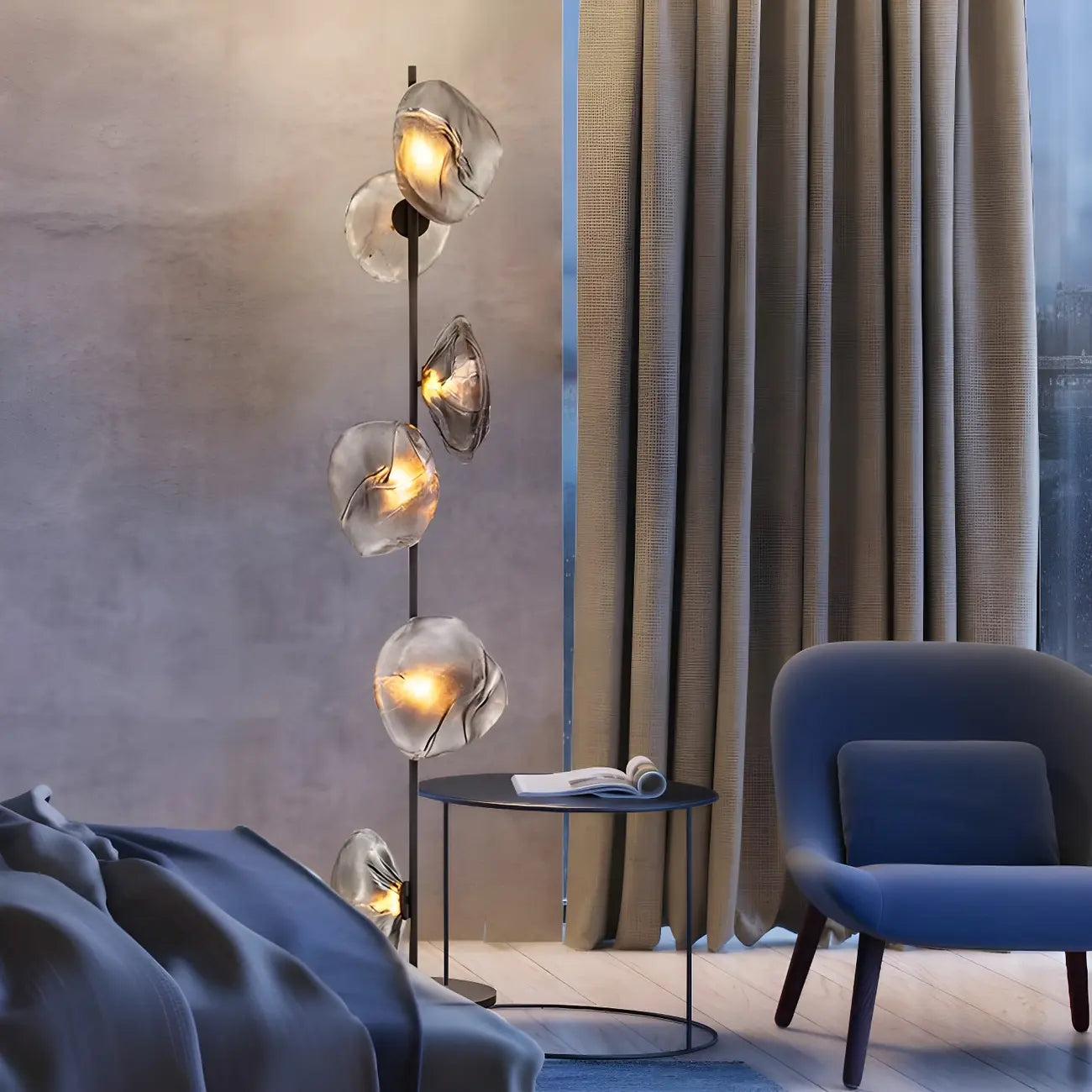 Art Deco 6-Light Clear Glass Geometric Floor Lamp in Black/Gold