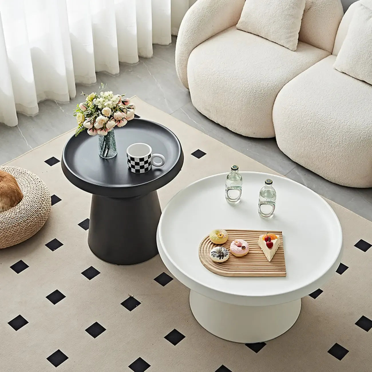 White Round Metal End Table with Tray Top for Living Room