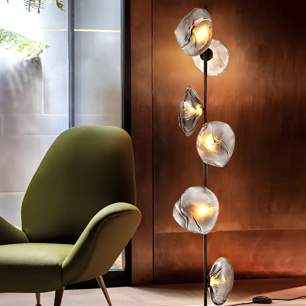 Art Deco 6-Light Clear Glass Geometric Floor Lamp in Black/Gold