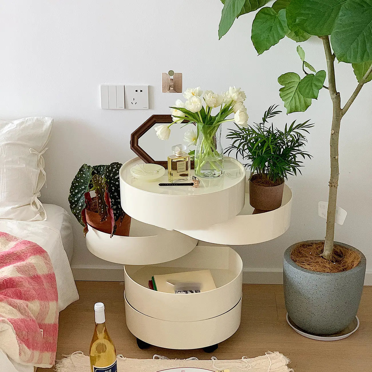 Simple Off White Rotating Bedside Table with Drawers Storage