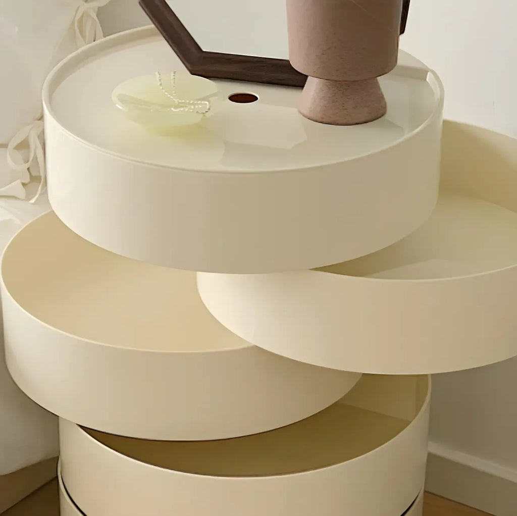 Simple Off White Rotating Bedside Table with Drawers Storage