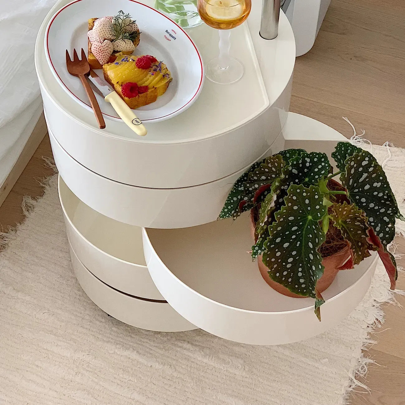 Simple Off White Rotating Bedside Table with Drawers Storage