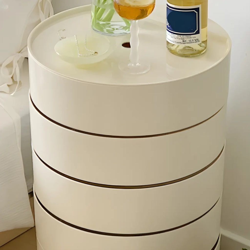 Simple Off White Rotating Bedside Table with Drawers Storage