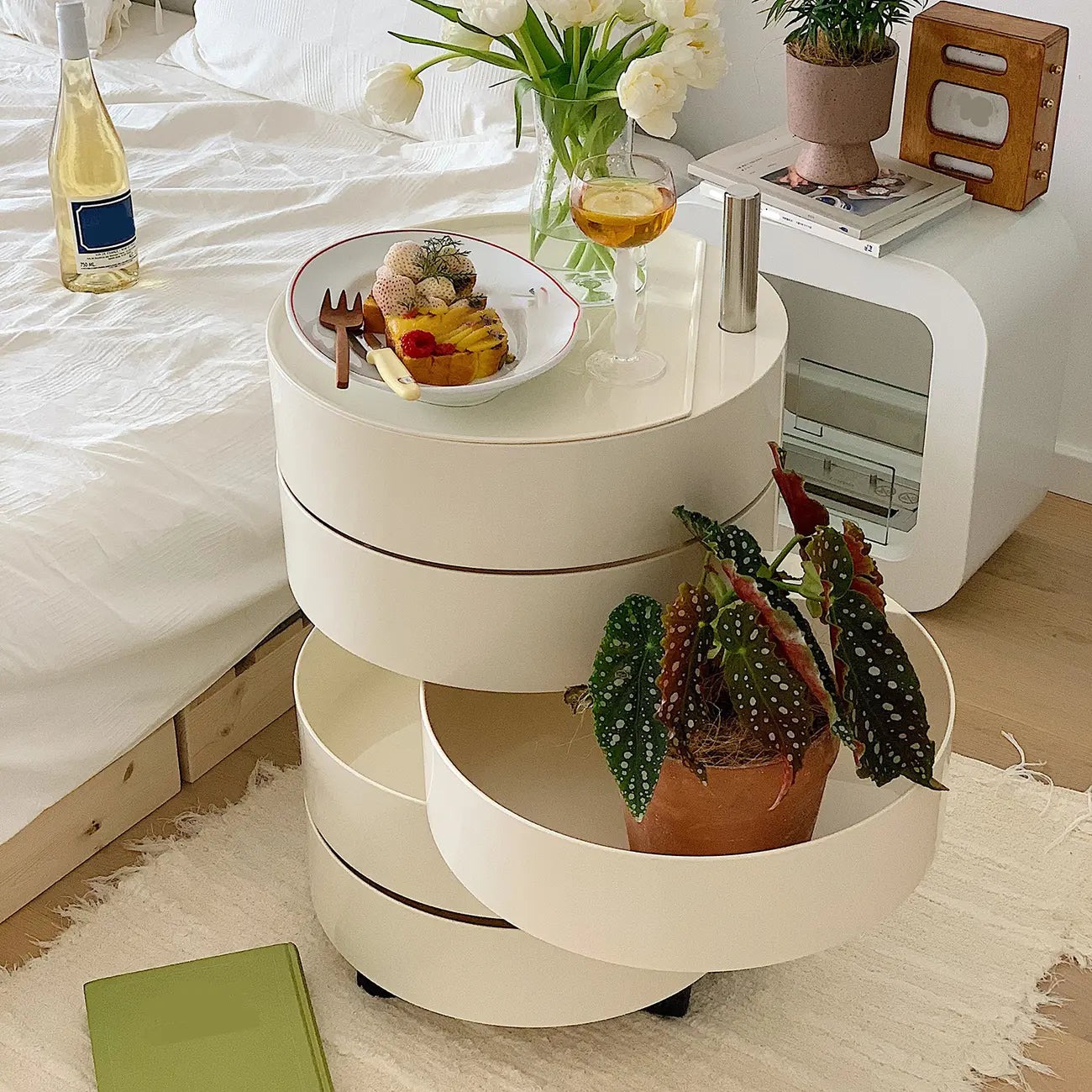 Simple Off White Rotating Bedside Table with Drawers Storage