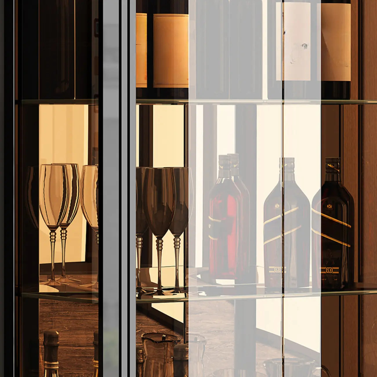 Elegant Black Clear Glass Display Cabinet with Drawers