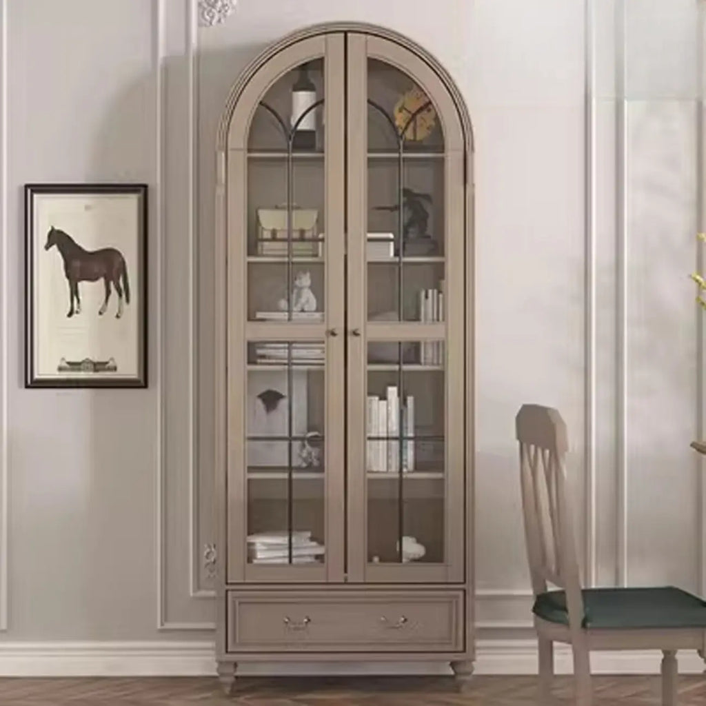 Arched White Wood Glass Doors Storage Display Cabinet