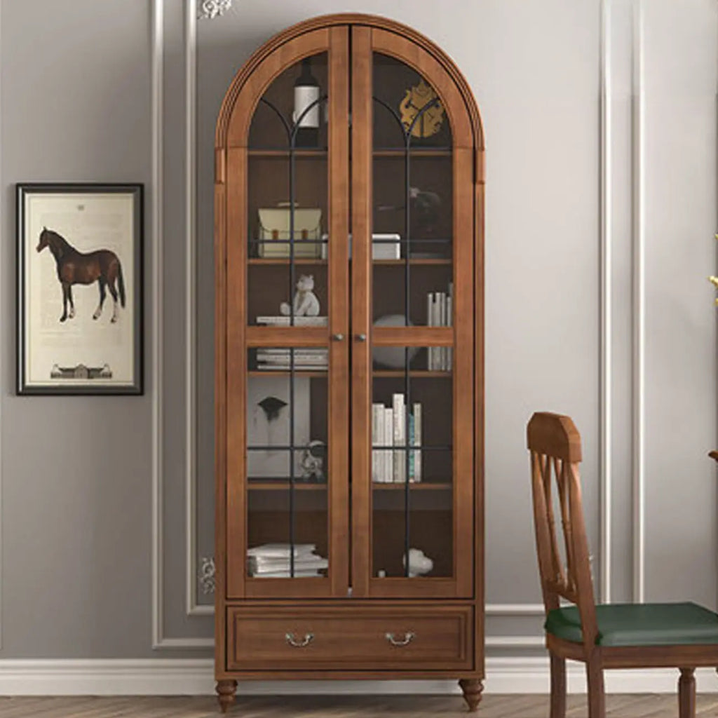 Arched White Wood Glass Doors Storage Display Cabinet