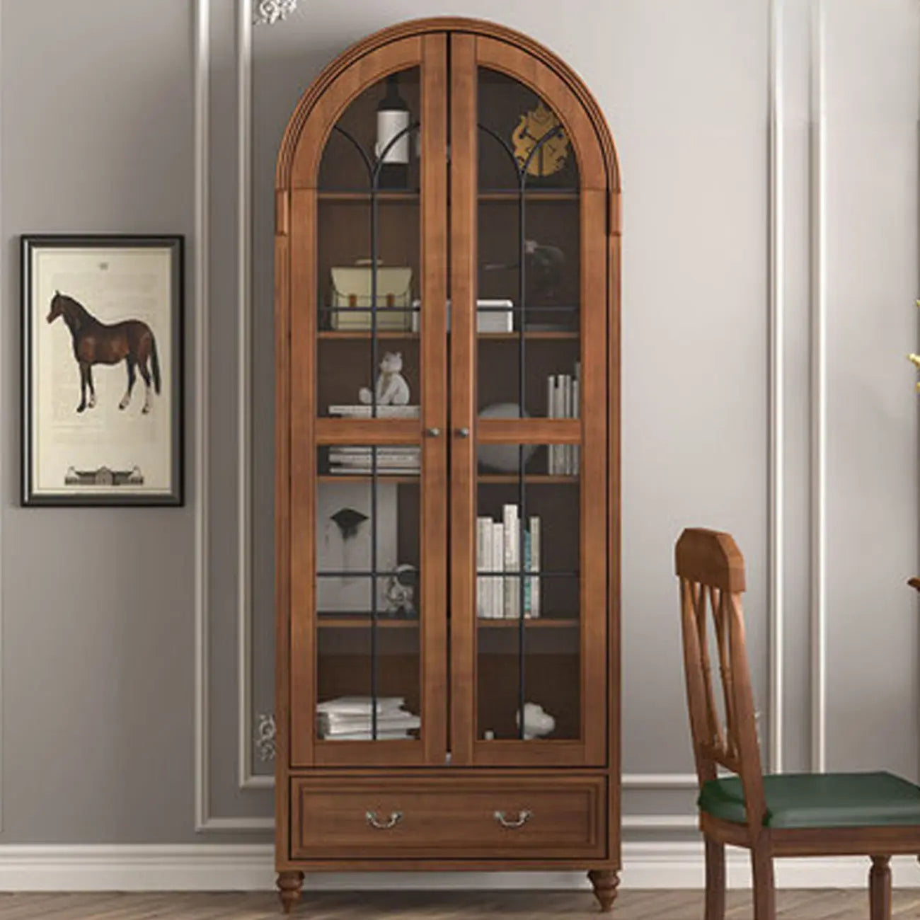 Arched White Wood Glass Doors Storage Display Cabinet