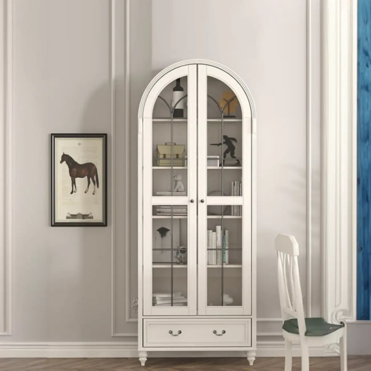 Arched White Wood Glass Doors Storage Display Cabinet