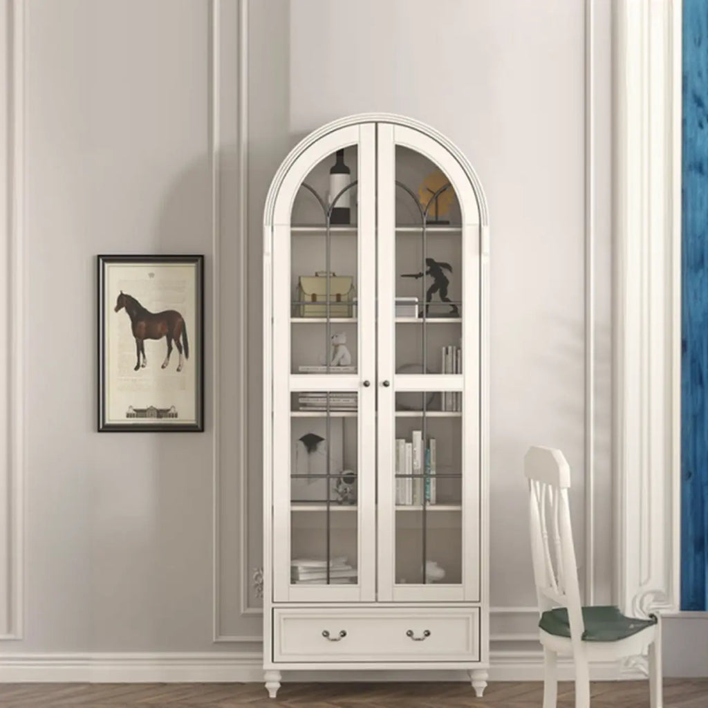 Arched White Wood Glass Doors Storage Display Cabinet