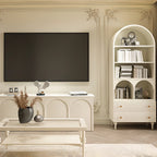 Arched White Wood Glass Doors Storage Display Cabinet