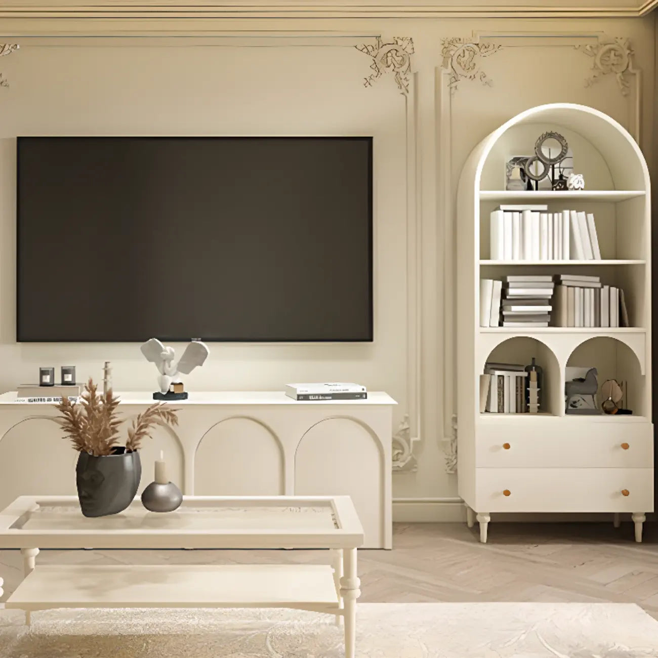 Arched White Wood Glass Doors Storage Display Cabinet