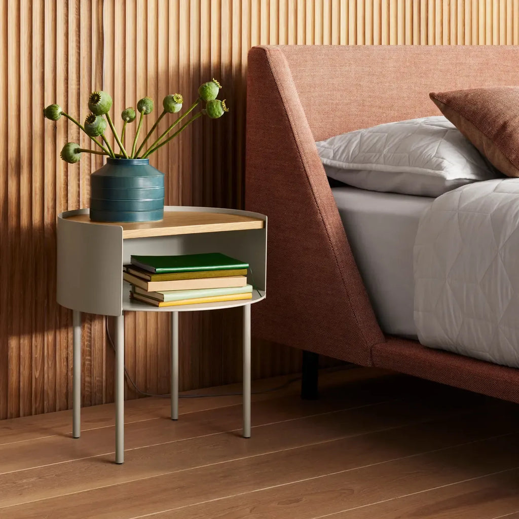Round Shape Metal Bedside Table with Open Storage Wooden Top