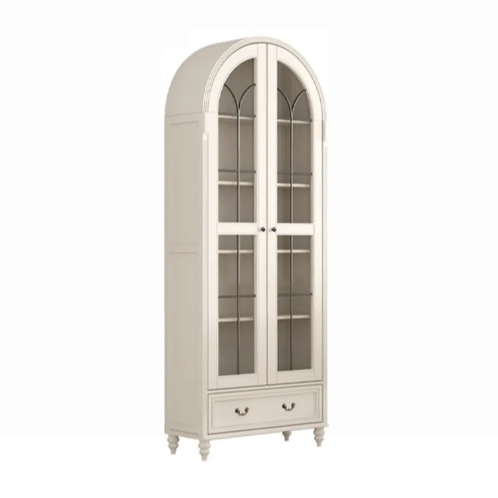 Arched White Wood Glass Doors Storage Display Cabinet