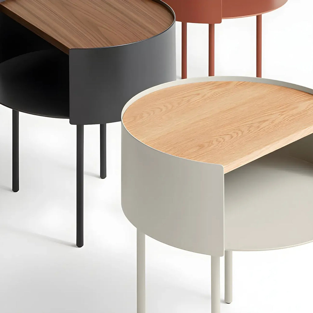 Round Shape Metal Bedside Table with Open Storage Wooden Top