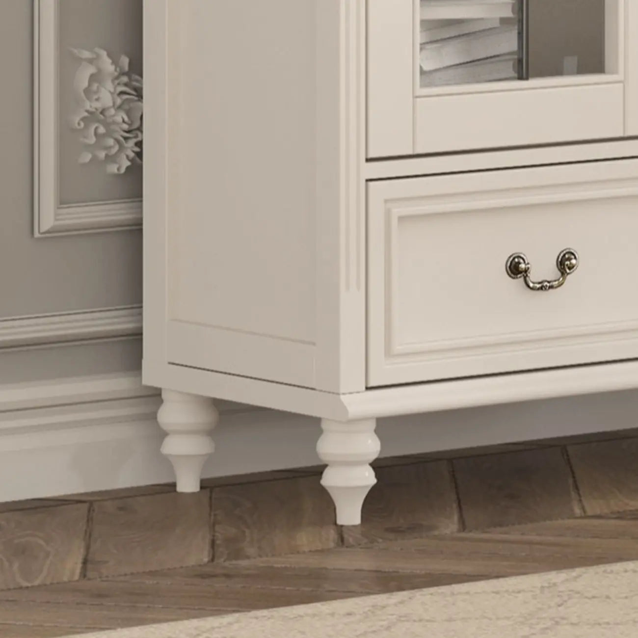 Arched White Wood Glass Doors Storage Display Cabinet
