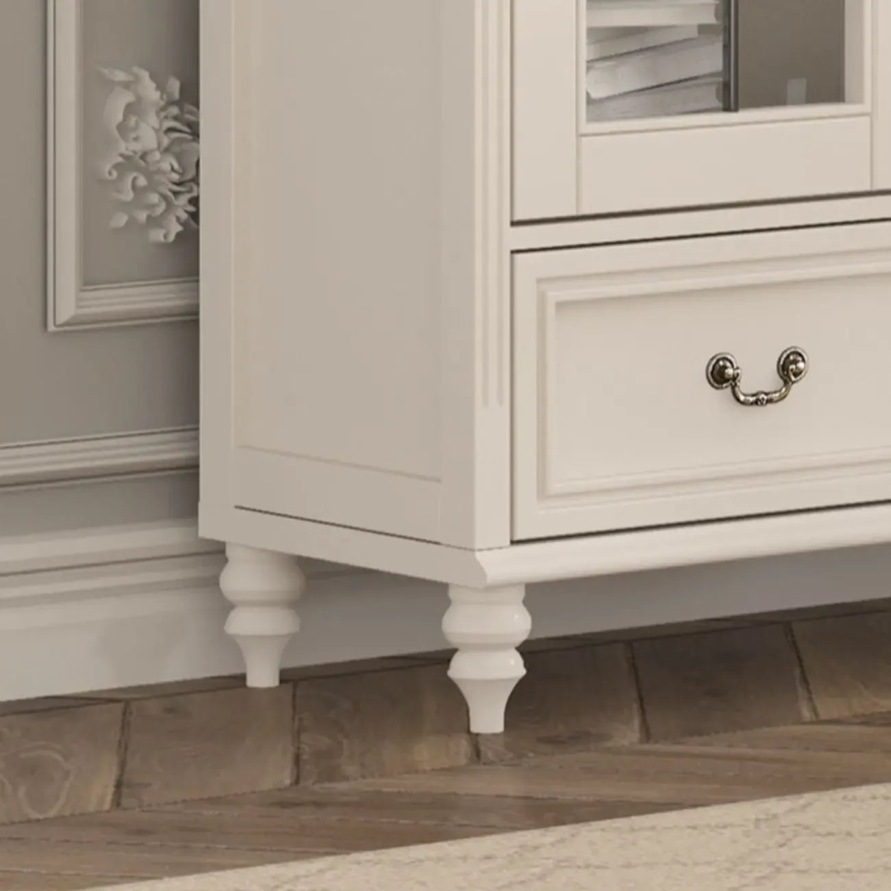 Arched White Wood Glass Doors Storage Display Cabinet