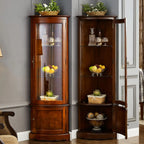 Classic Wood Walnut Glass Doors Corner Display Cabinet