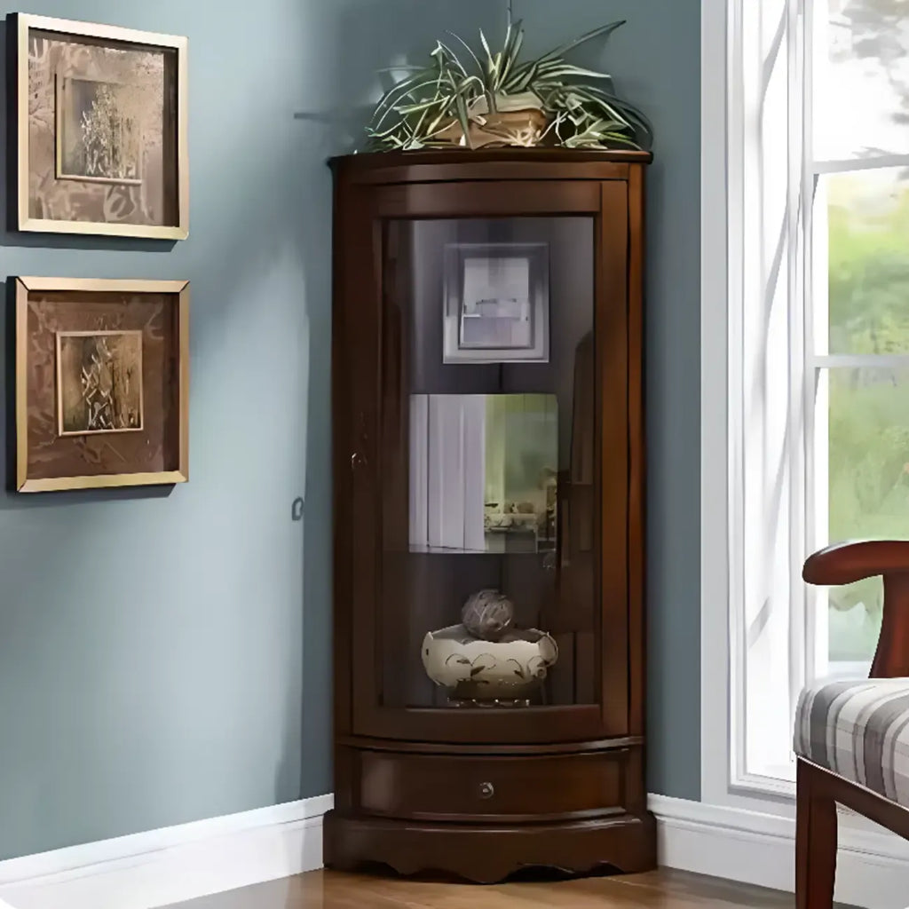 Classic Wood Walnut Glass Doors Corner Display Cabinet