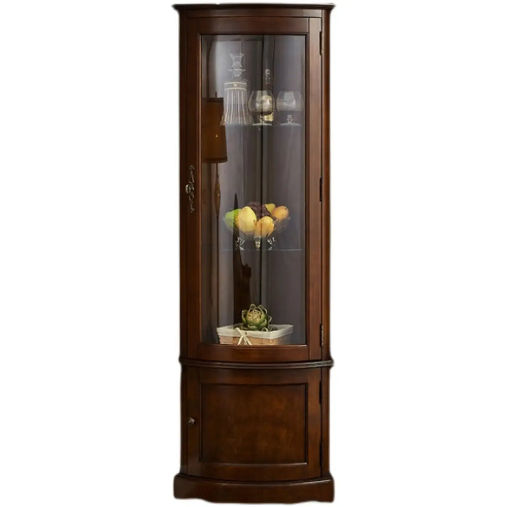 Classic Wood Walnut Glass Doors Corner Display Cabinet