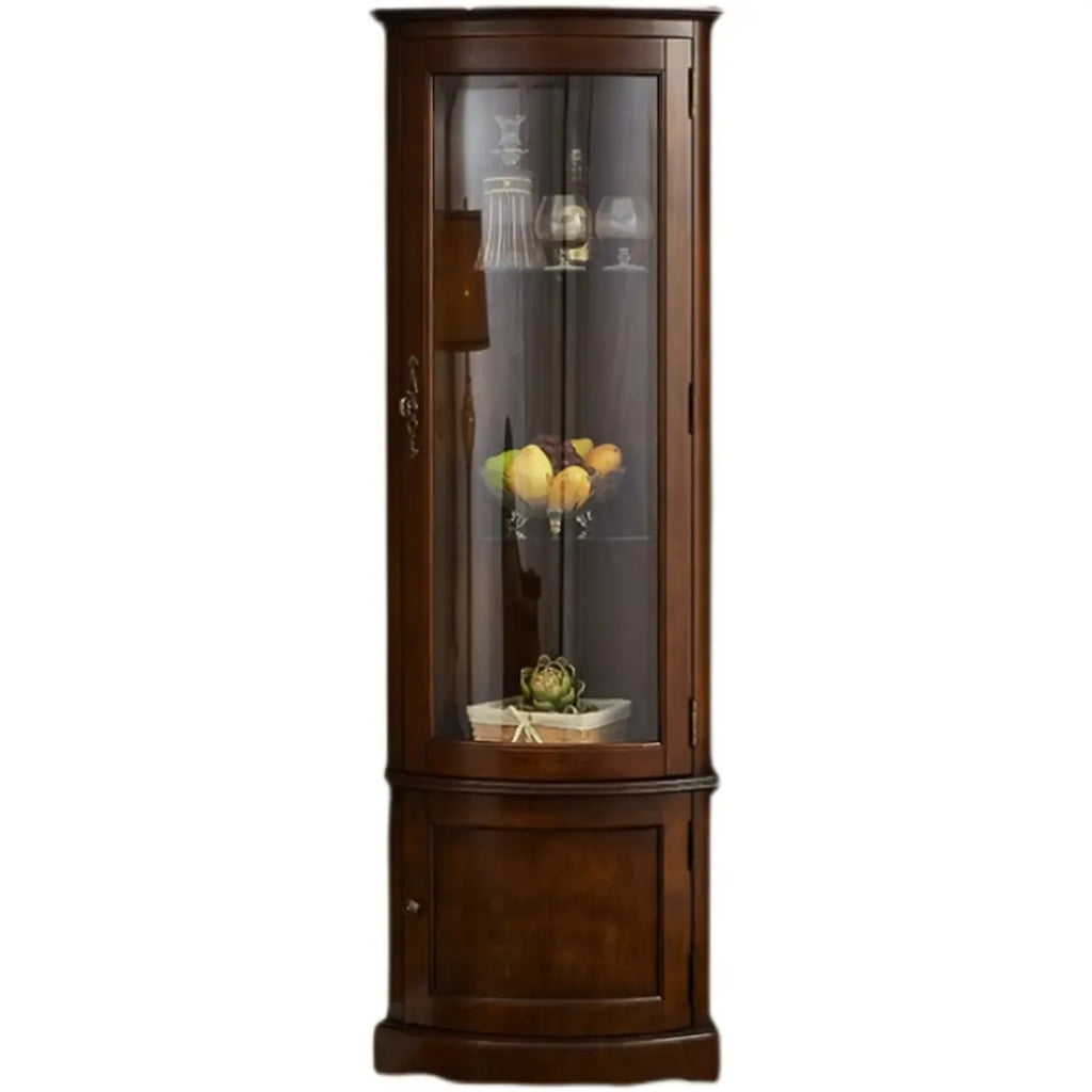 Classic Wood Walnut Glass Doors Corner Display Cabinet