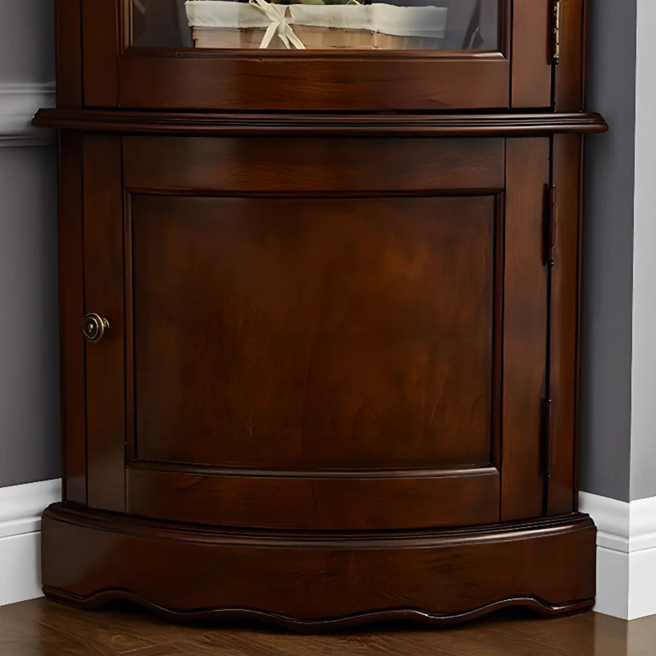 Classic Wood Walnut Glass Doors Corner Display Cabinet