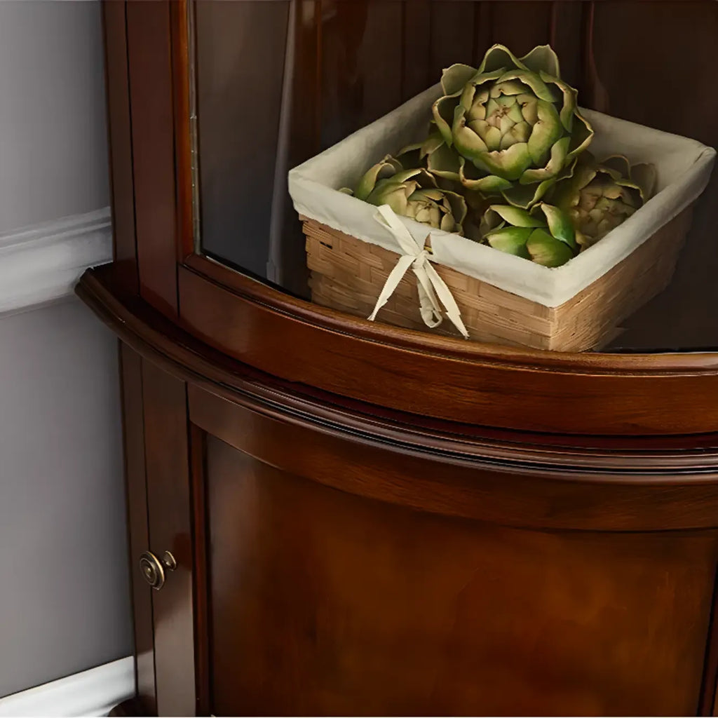 Classic Wood Walnut Glass Doors Corner Display Cabinet