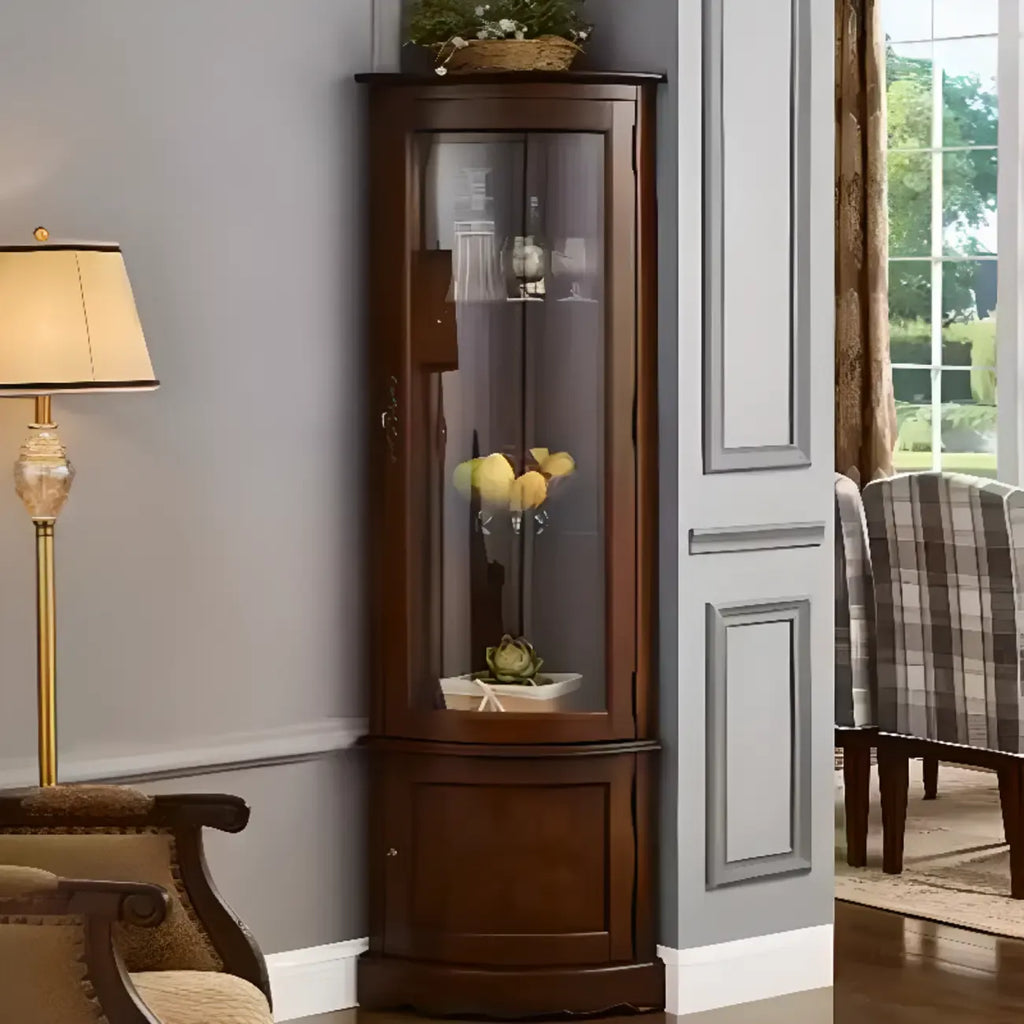 Classic Wood Walnut Glass Doors Corner Display Cabinet