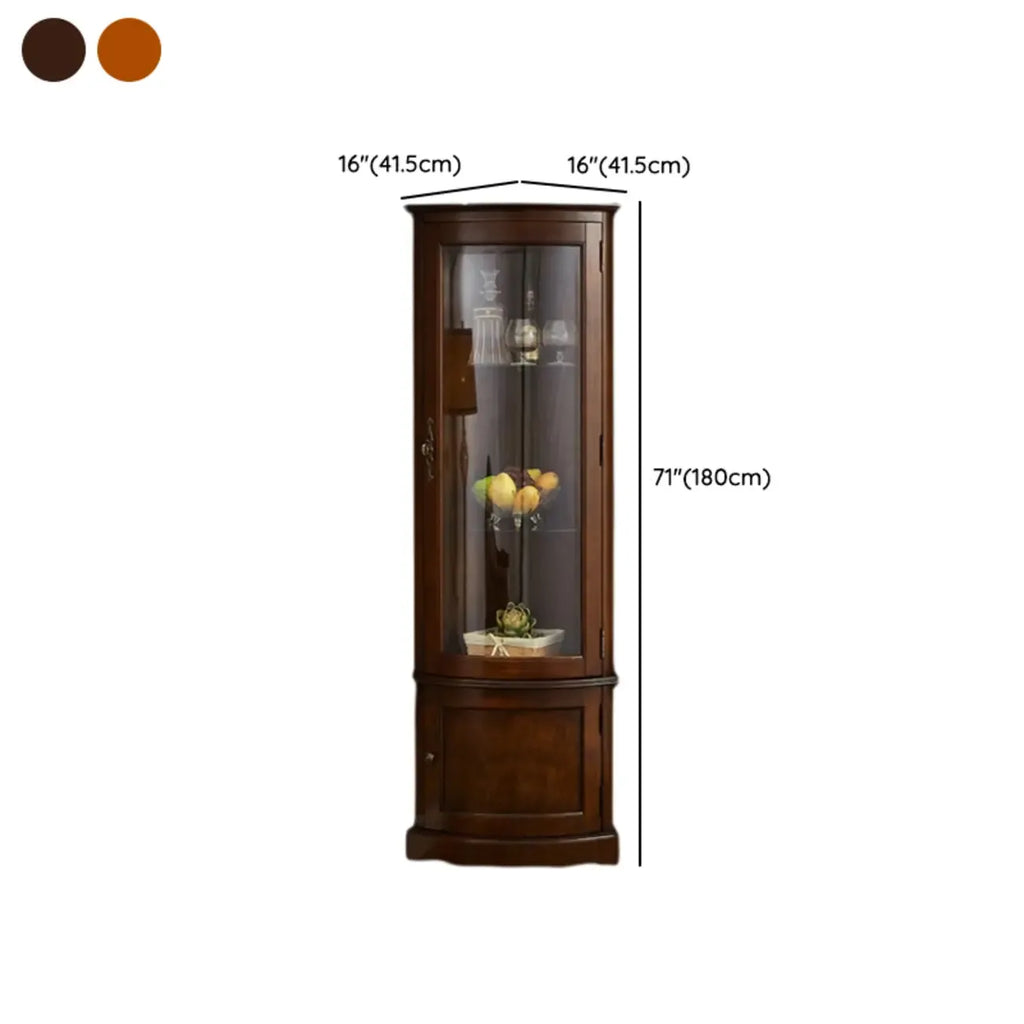 Classic Wood Walnut Glass Doors Corner Display Cabinet