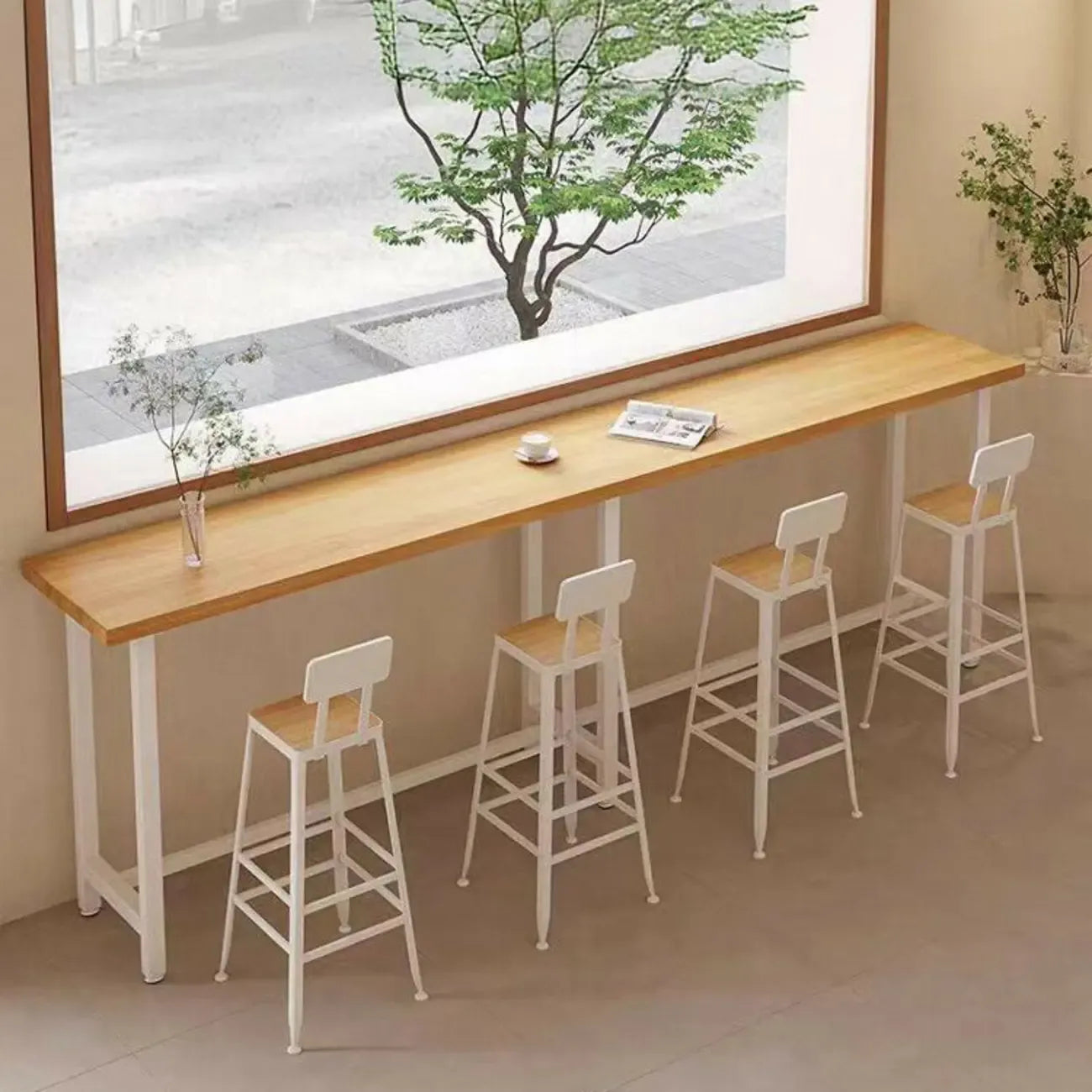 Simplistic Pine Wood Bar Table with White Metal Base for Dining