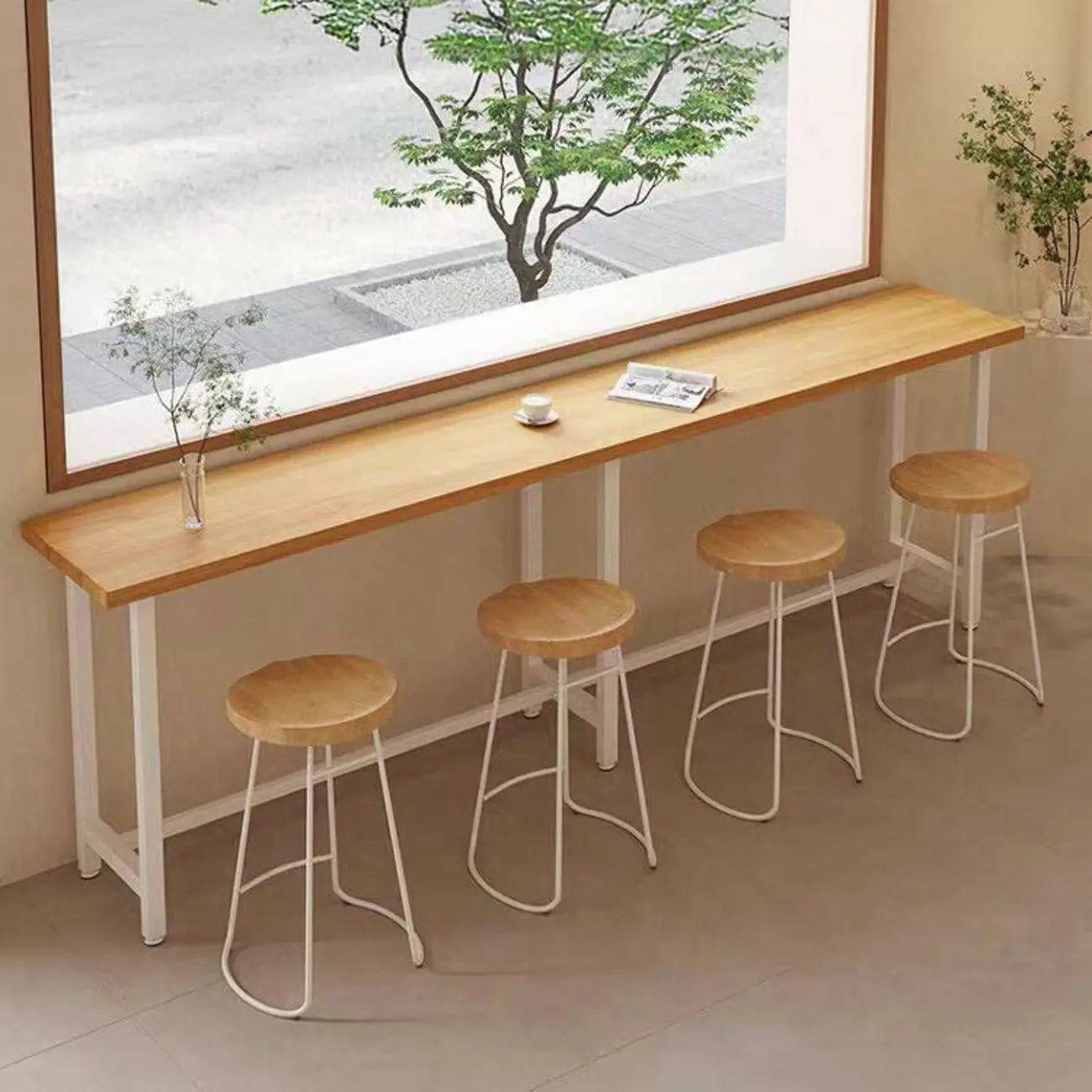 Simplistic Pine Wood Bar Table with White Metal Base for Dining