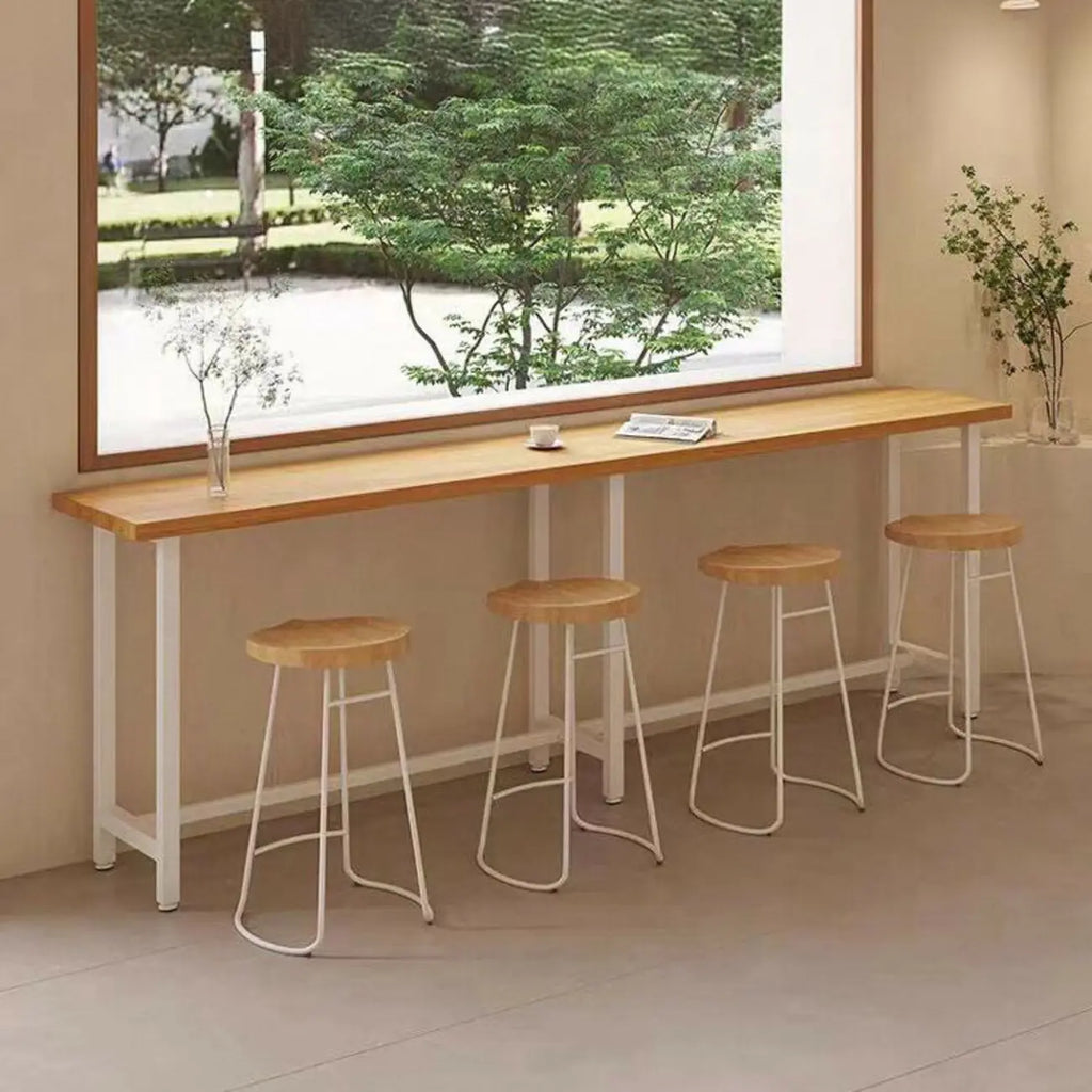 Simplistic Pine Wood Bar Table with White Metal Base for Dining
