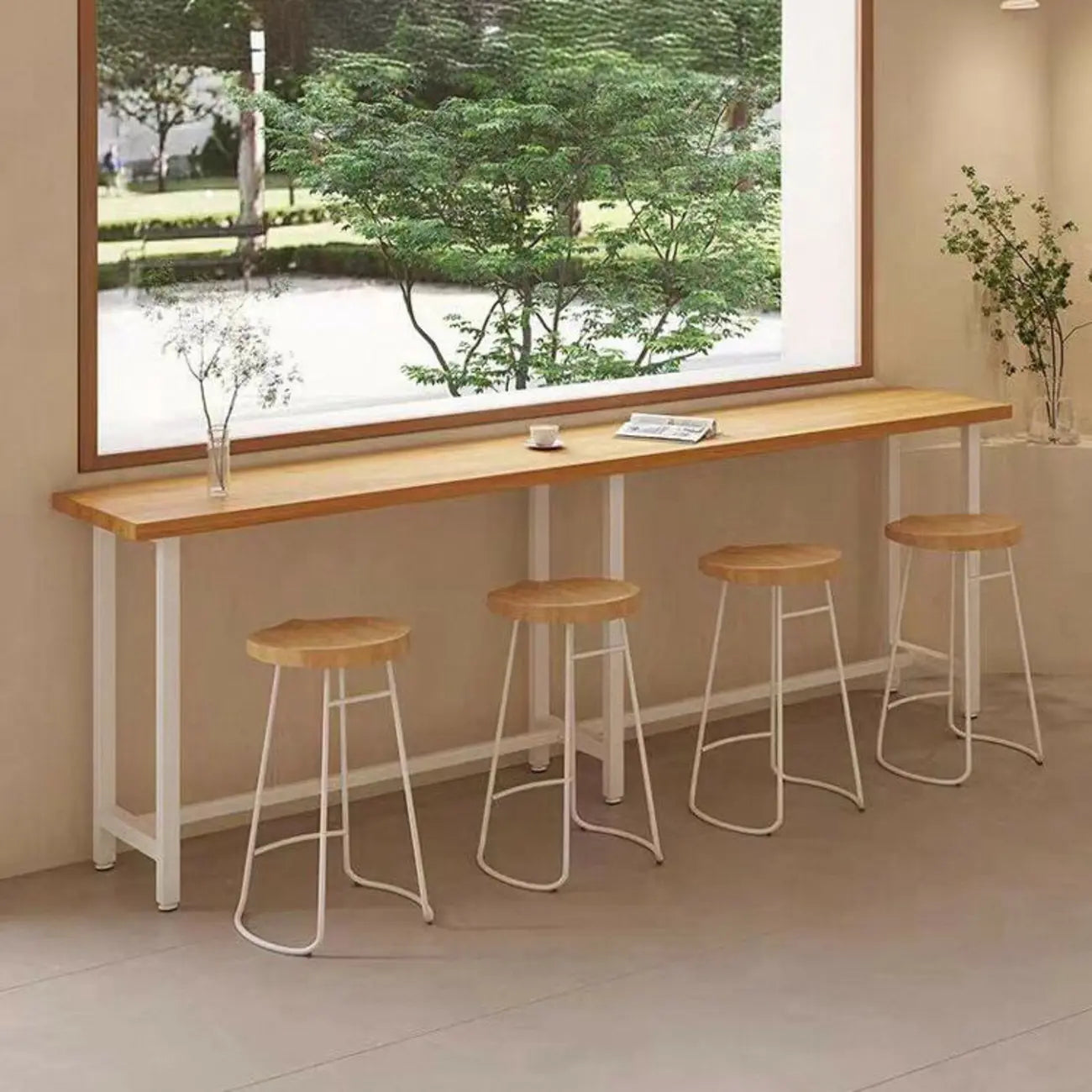 Simplistic Pine Wood Bar Table with White Metal Base for Dining