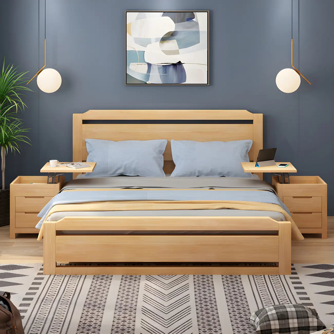 Narrow Rubberwood Lift-Top Bed Side Table with Drawers