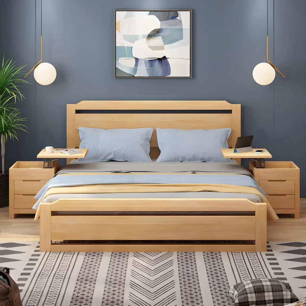 Narrow Rubberwood Lift-Top Bed Side Table with Drawers