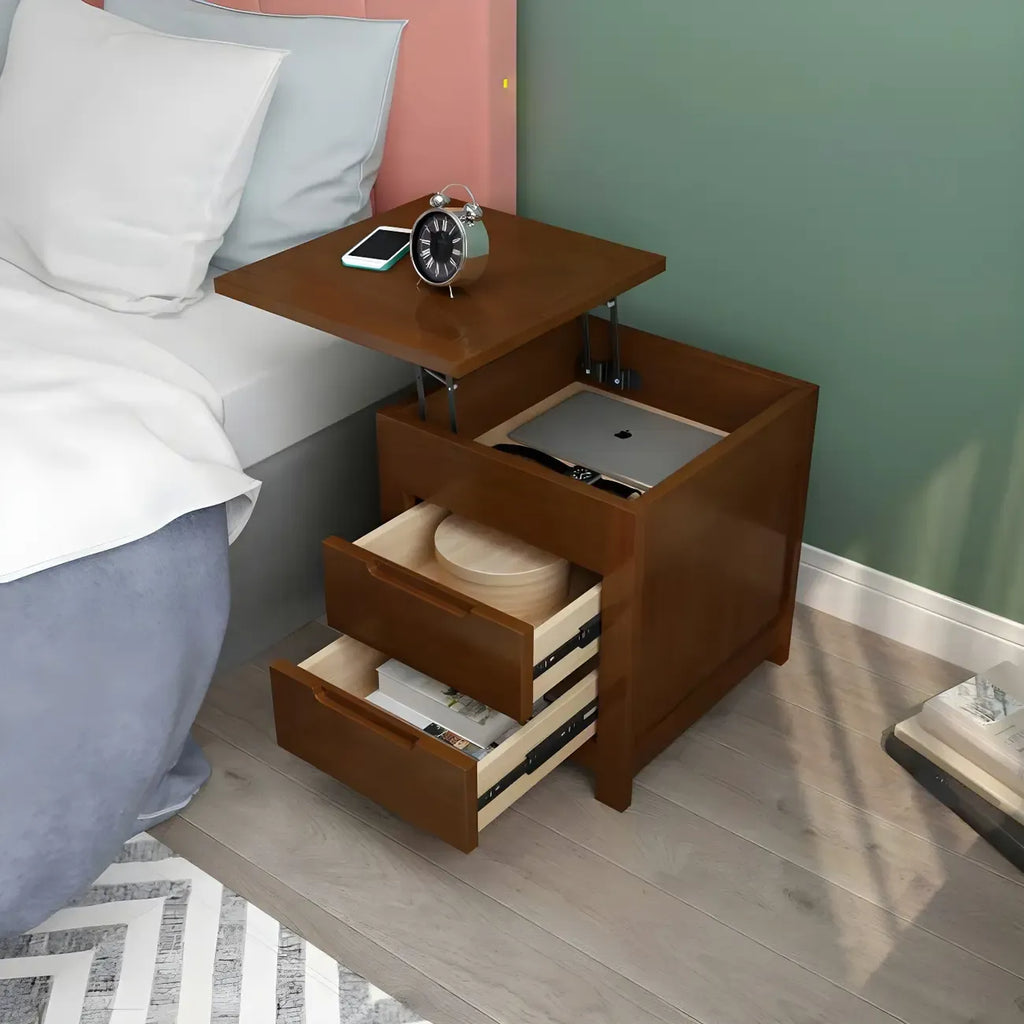 Narrow Rubberwood Lift-Top Bed Side Table with Drawers