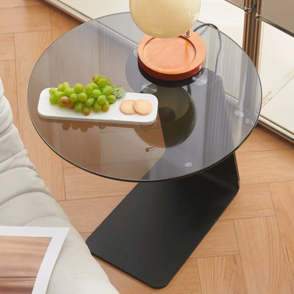 Modern Black Clear Glass Round Side Table for Couch