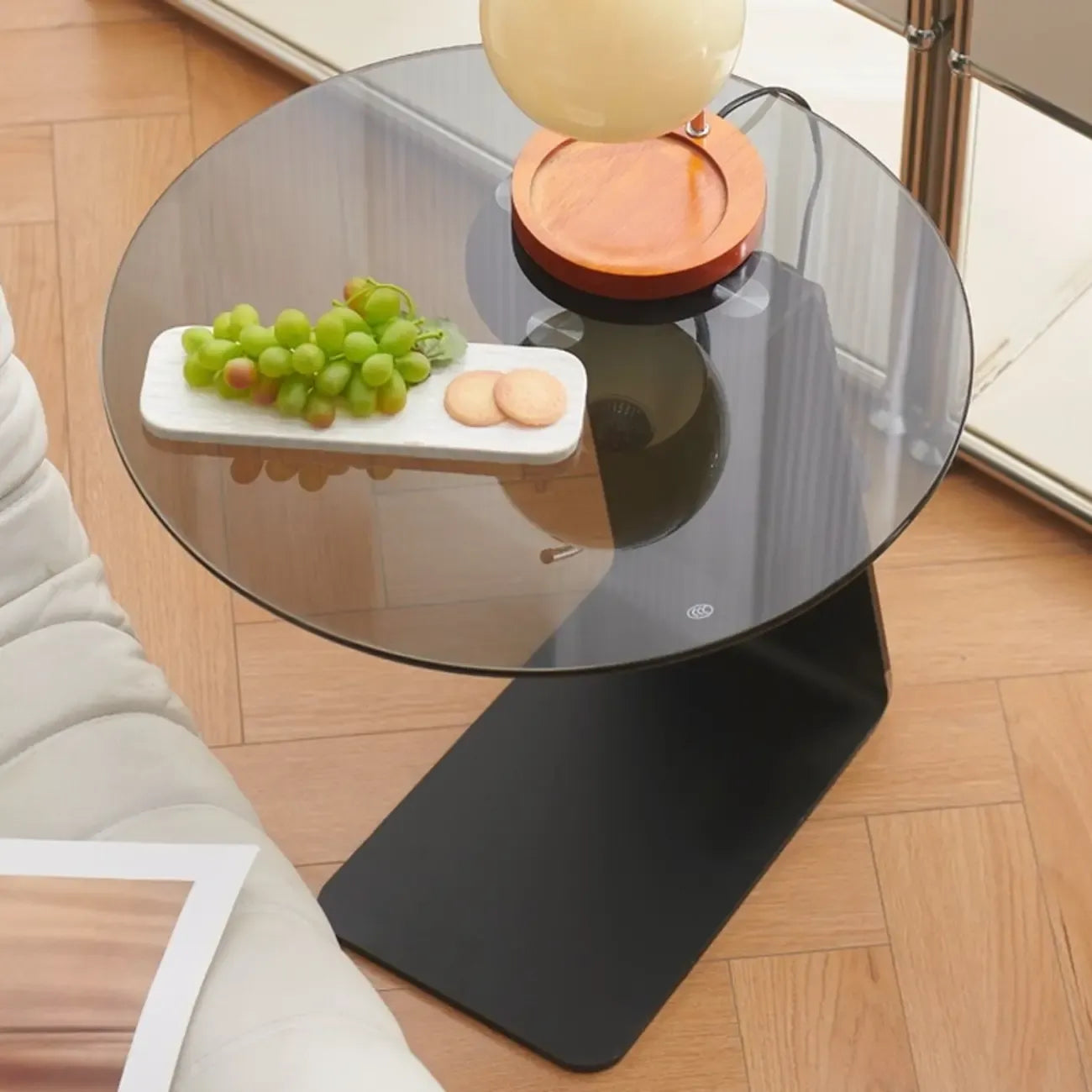 Modern Black Clear Glass Round Side Table for Couch