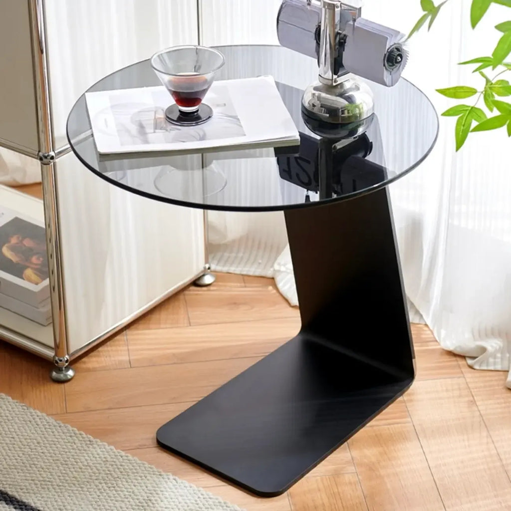 Modern Black Clear Glass Round Side Table for Couch