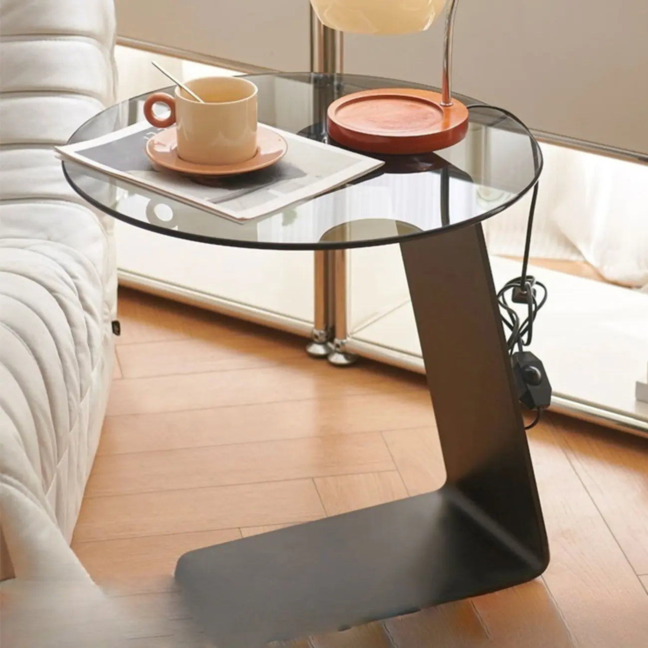 Modern Black Clear Glass Round Side Table for Couch