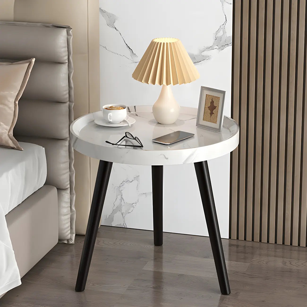 Natural Espresso Wood Small Round End Side Table with Tray Top & Shelf