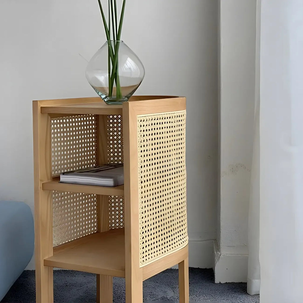 Rustic Natural Wooden Bedside Table with Open Storage Shelves