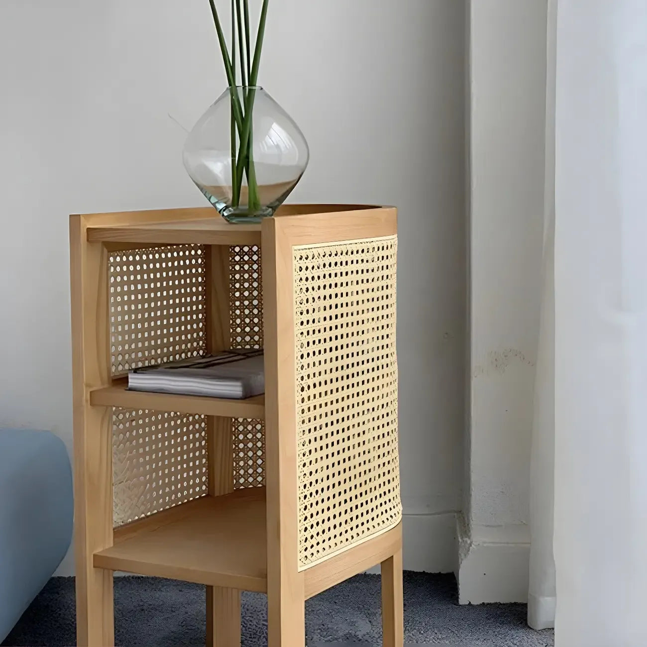 Rustic Natural Wooden Bedside Table with Open Storage Shelves