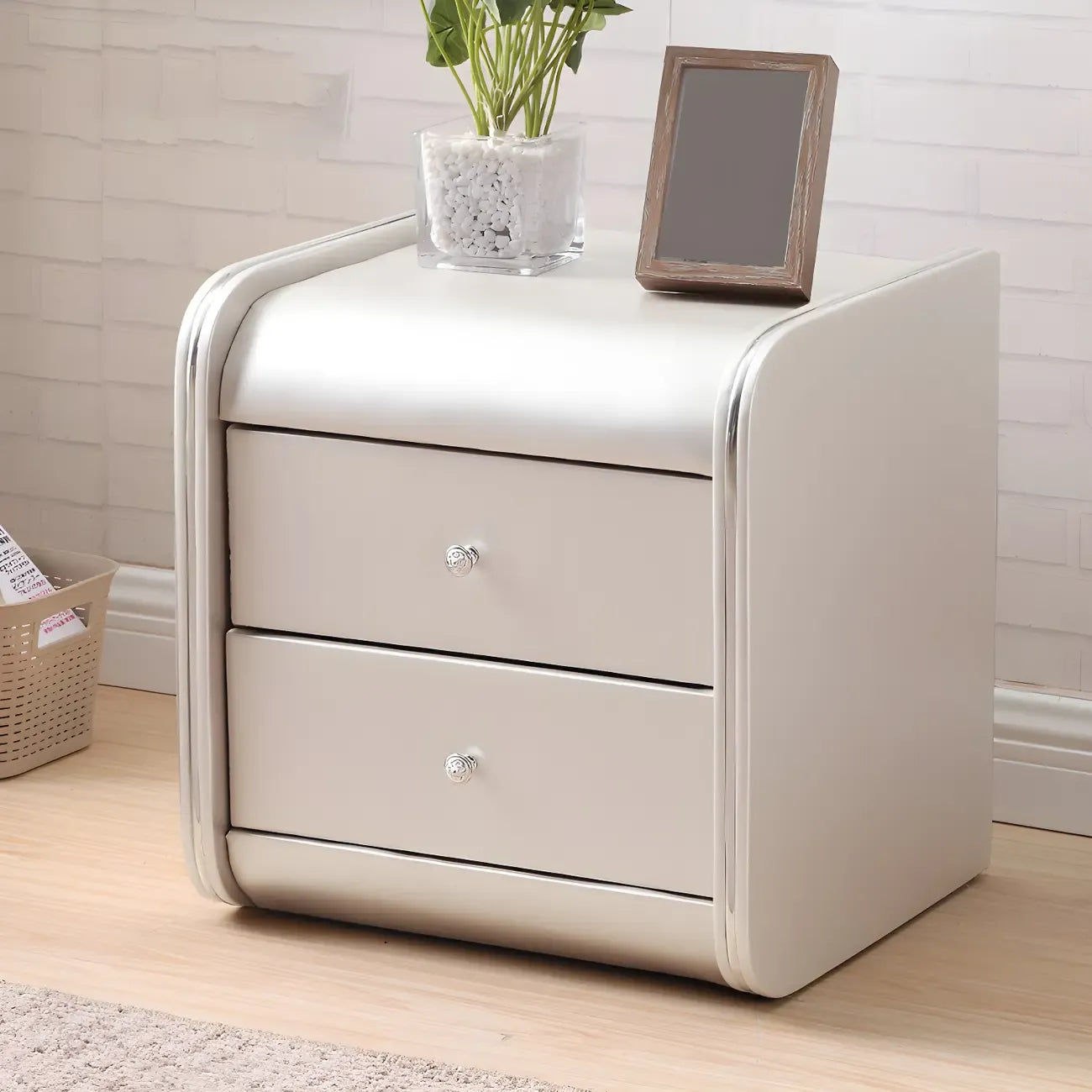 Stylish Narrow Faux Leather Bedside Table with 2 Drawers
