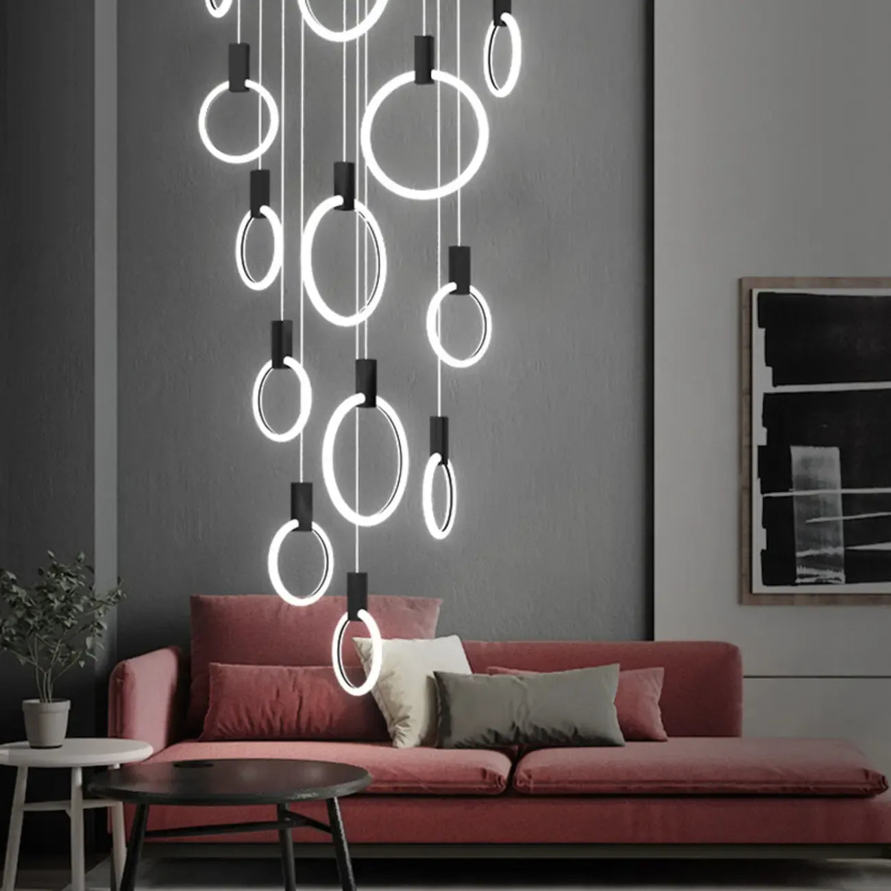 Customizable Gold Ring LED Cluster Pendant Light for Staircase