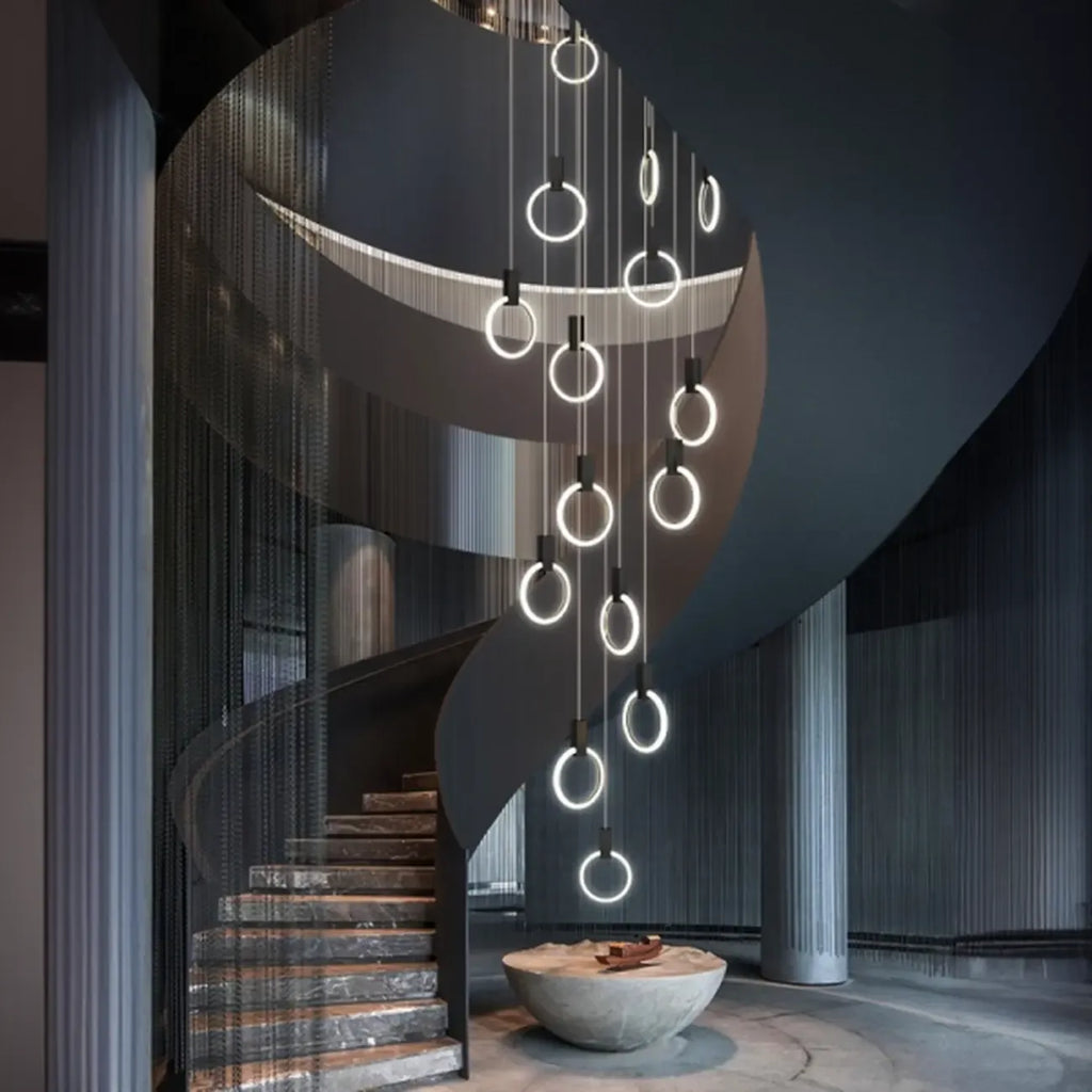 Customizable Gold Ring LED Cluster Pendant Light for Staircase