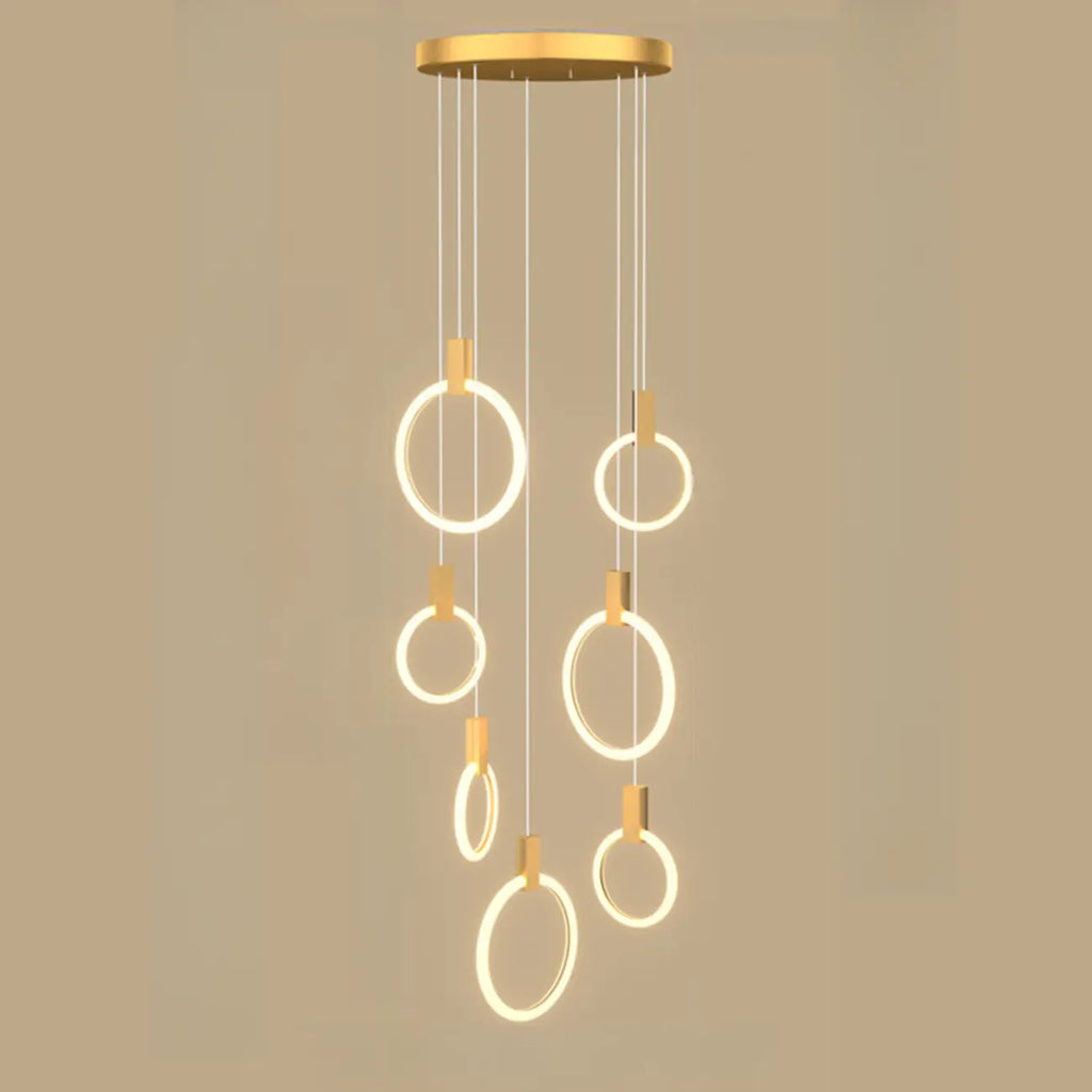 Customizable Gold Ring LED Cluster Pendant Light for Staircase