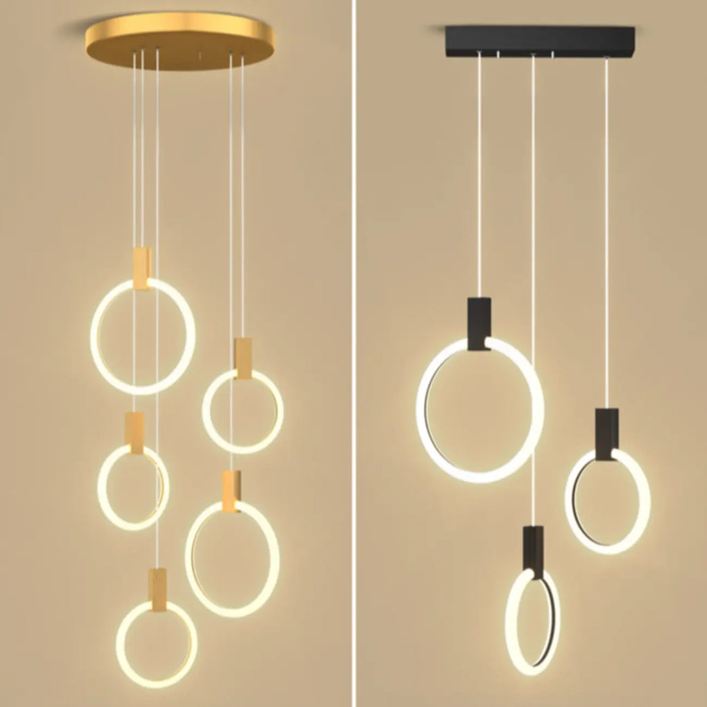 Customizable Gold Ring LED Cluster Pendant Light for Staircase