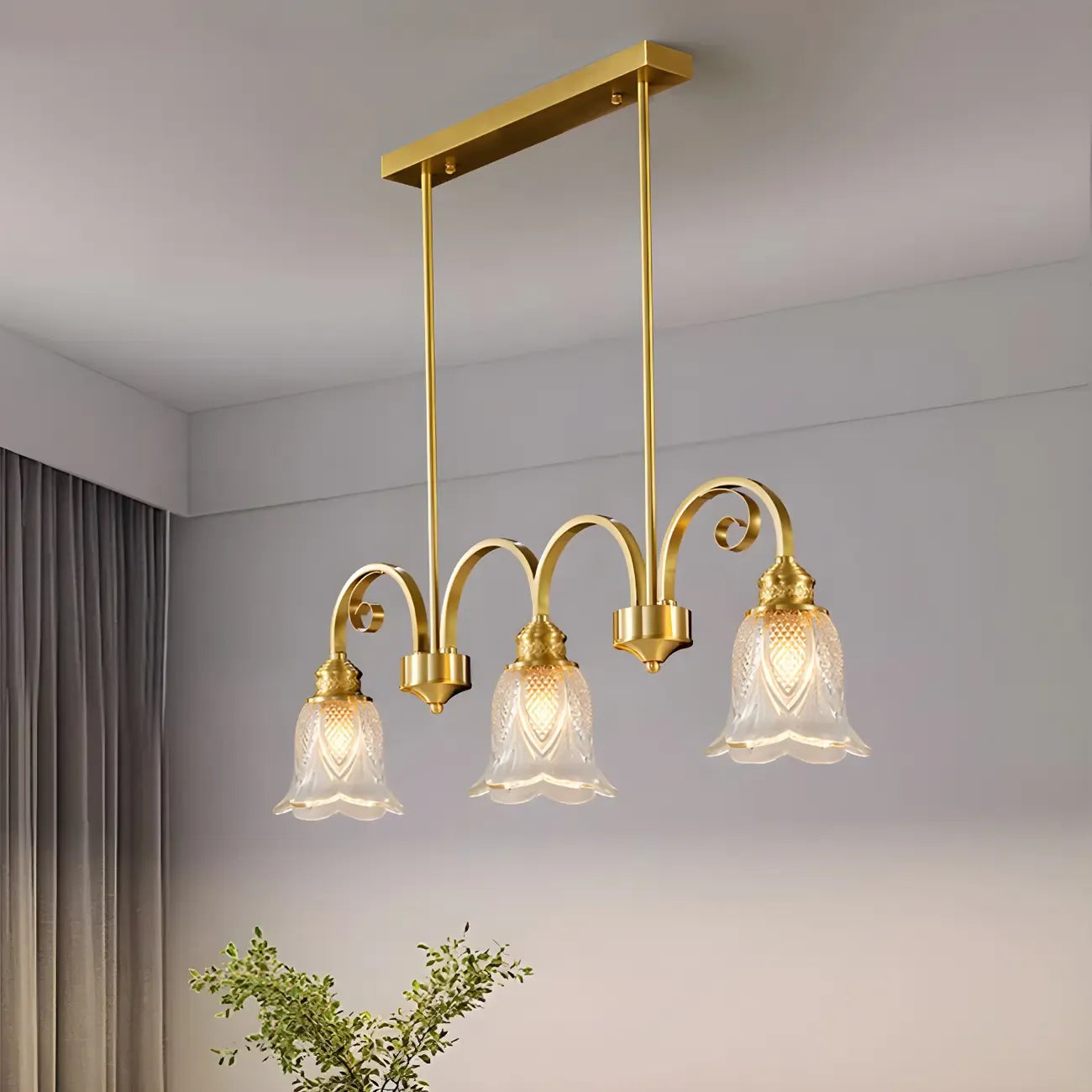 Brass Geometric Island Pendant Light with Glass Floral Shape