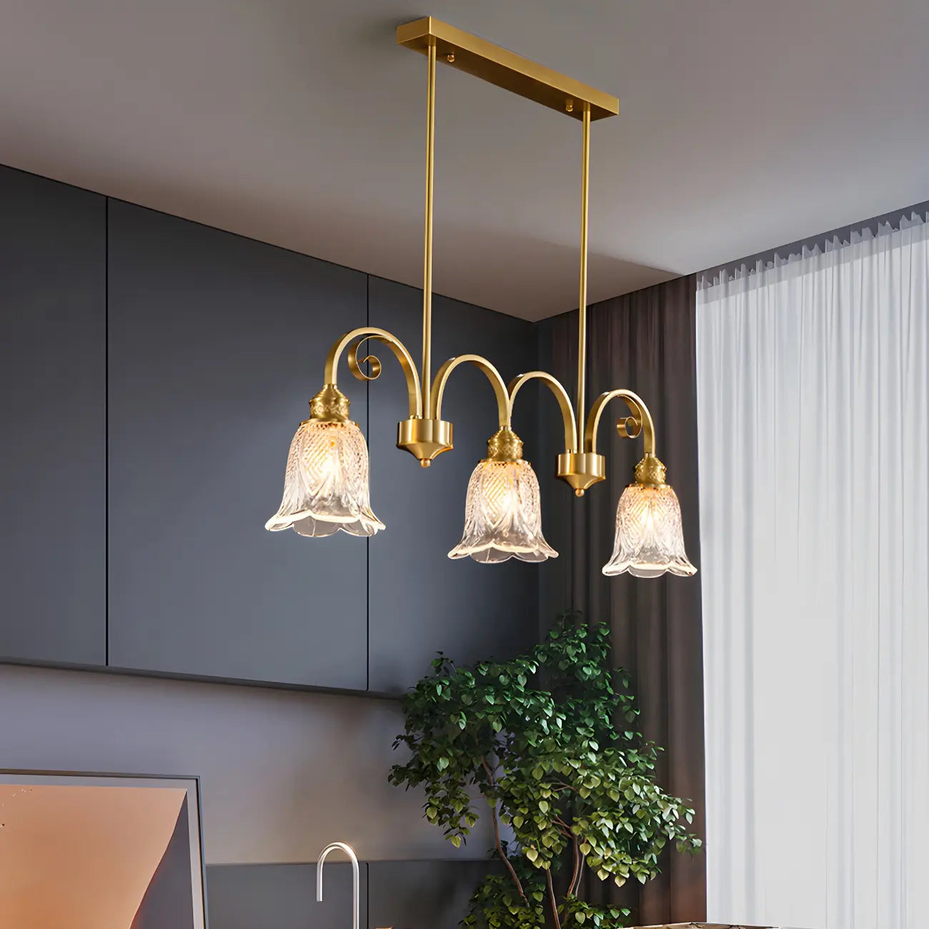 Brass Geometric Island Pendant Light with Glass Floral Shape